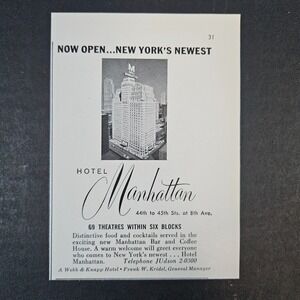 1957 A Webb & Knapp Hotel Manhattan Vintage Print Ad Frank W Kridel Gen‎ Manager